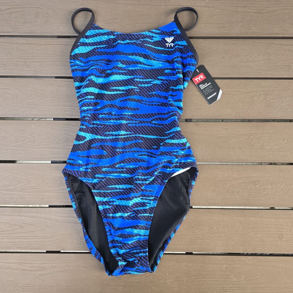 TYR Durafast One Women's Crypsis Blue Black Cutoutfit 1 PC Swim Sz 32 New